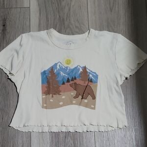 Cream Graphic Crop Top with Bear and Mountain Design